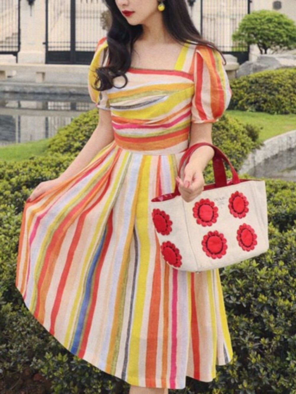 Rainbow Striped Cotton Midi Dress S